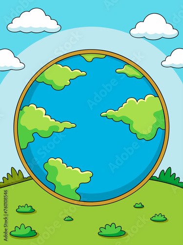 Earth template vector landscape background depicts a tranquil scene with rolling hills, a meandering river, and a serene blue sky.