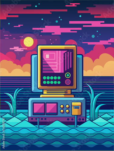 The electronic computer is reflected on a watery surface, creating a sense of depth and abstract beauty.