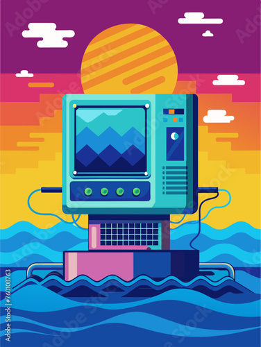 An electronic computer sits on a desk with a water background visible through a window.