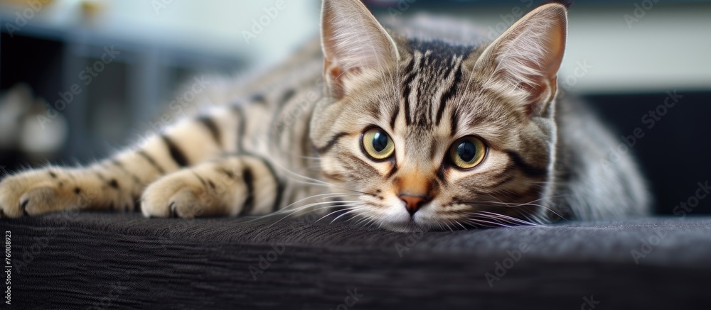 A domestic shorthaired cat, a small to mediumsized carnivorous Felidae, is lounging on a couch, gazing at the camera with its whiskers and snout prominently displayed