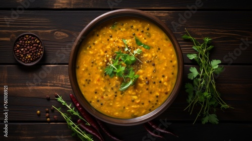 Delicious Indian cuisine, lentils dal garnished with cilantro served in a rustic bowl on a wooden backdrop