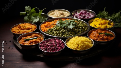 A vibrant presentation of various Indian dishes with complementary condiments in a colorful arrangement