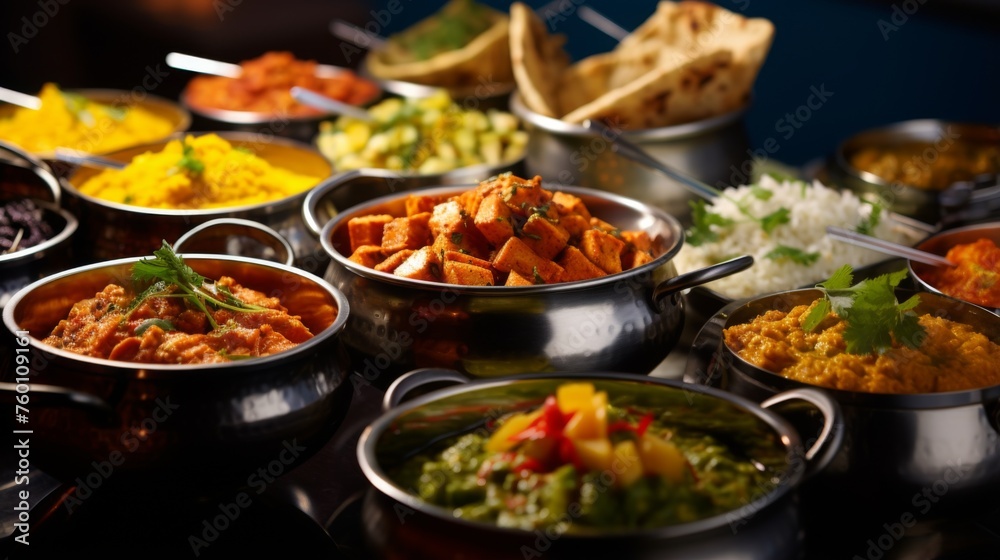 An extensive spread of Indian cuisine showcasing vibrant colors and garnishes, perfect for a buffet An extensive spread of Indian cuisine showcasing vibrant colors and garnishes, perfect for a buffet