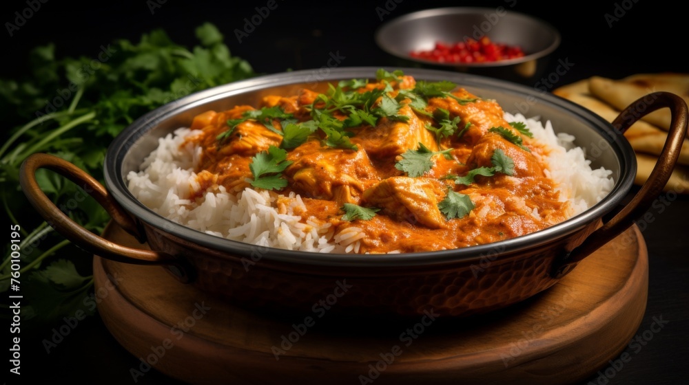 Close-up of delicious Indian curry chicken with rice garnish in a stylish copper serveware