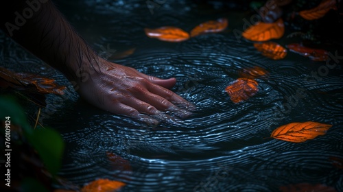 Hand Cupping Crystal Clear Stream Water with Leaves