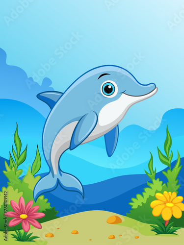 A playful dolphin leaps from the clear blue water, its sleek body glistening in the sunlight against a backdrop of lush greenery.