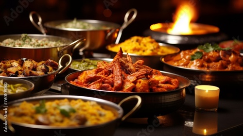 Assortment of Indian dishes beautifully arranged in front of a warm and inviting flame backdrop photo