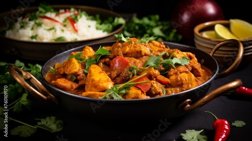 A mouthwatering chicken curry dish garnished with fresh herbs served in a traditional bowl