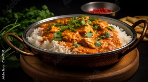 Close-up of delicious Indian curry chicken with rice garnish in a stylish copper serveware