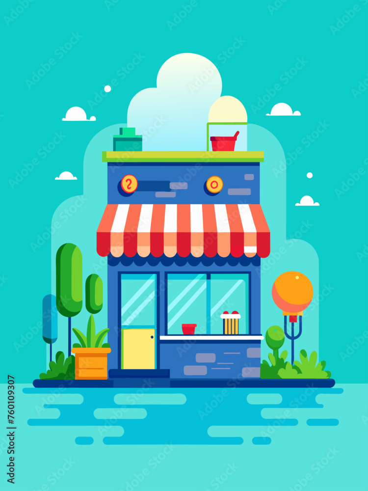 Vector template of a flat design shop with a water background.