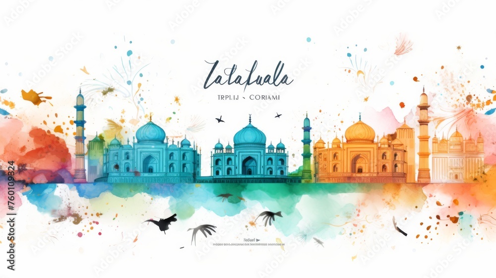 This piece incorporates famous Indian landmarks within a mesmerizing splash of watercolor hues