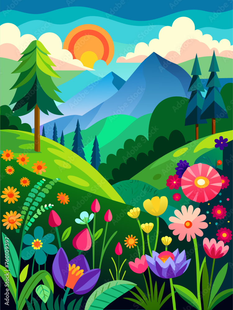 Fototapeta premium Floral Vector Landscape Background with a vibrant array of flowers and greenery creating a serene and picturesque scene.