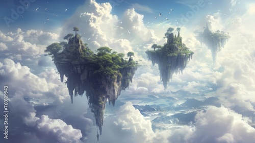 Enchanting image of floating islands with lush greenery suspended in a calm blue sky with soft clouds