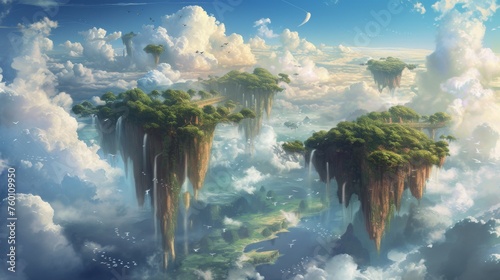 Surreal landscape with majestic floating islands, cascading waterfalls amidst fluffy clouds in a blue sky © Helen