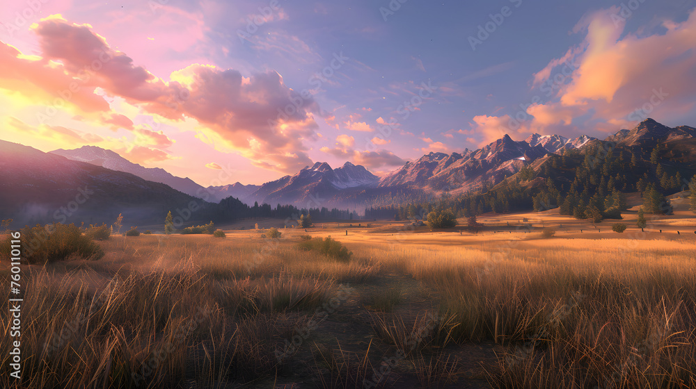Sérénité au coucher du soleil : un paysage de montagne majestueux baigné d'une lueur chaude alors que le soleil plonge sous l'horizon