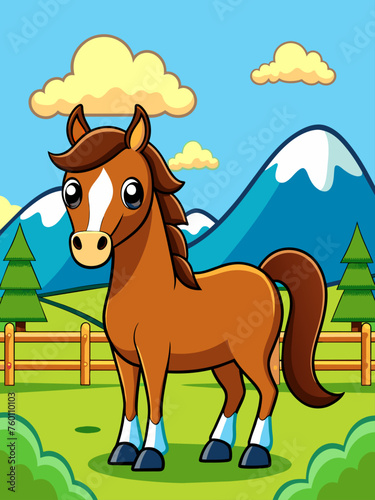 Tranquil horses roam freely in a vast and verdant meadow, with rolling hills and a vibrant sky in the distance.