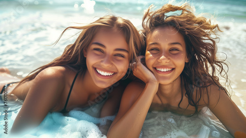 2 happy girls lying on the beach