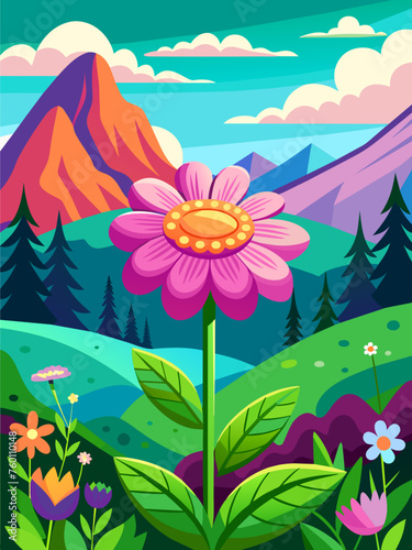 Flower vector landscape background with colorful flowers and green leaves.