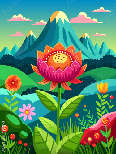 A picturesque landscape background adorned with vibrant flowers in full bloom.