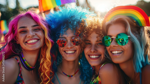Happy gay people smiling at pride parade with LGBT flags. Colourful rainbow wigs and bold makeup. Inclusion and diversity at pride festival. Joyful friends celebrating gay rights