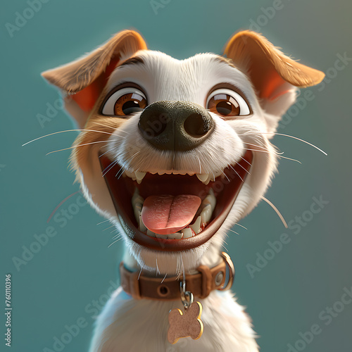 A happy carnivore dog with fawncolored fur and whiskers is smiling with its tongue hanging out. It is wearing a collar and is a companion dog with a content expression on its snout photo