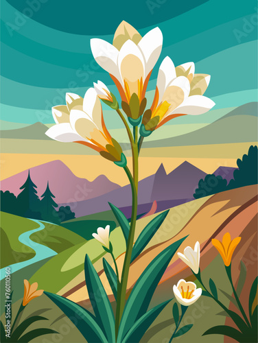 A vibrant Freesia field blooms in a tranquil landscape, creating a picturesque background.