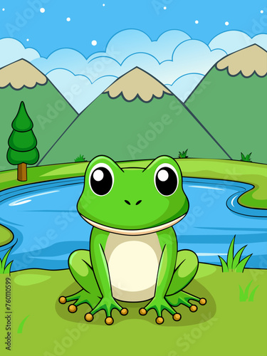 A verdant landscape with a vibrant green frog leaps towards a lily pad in a serene pond, while a majestic mountain range peeks through the lush vegetation.