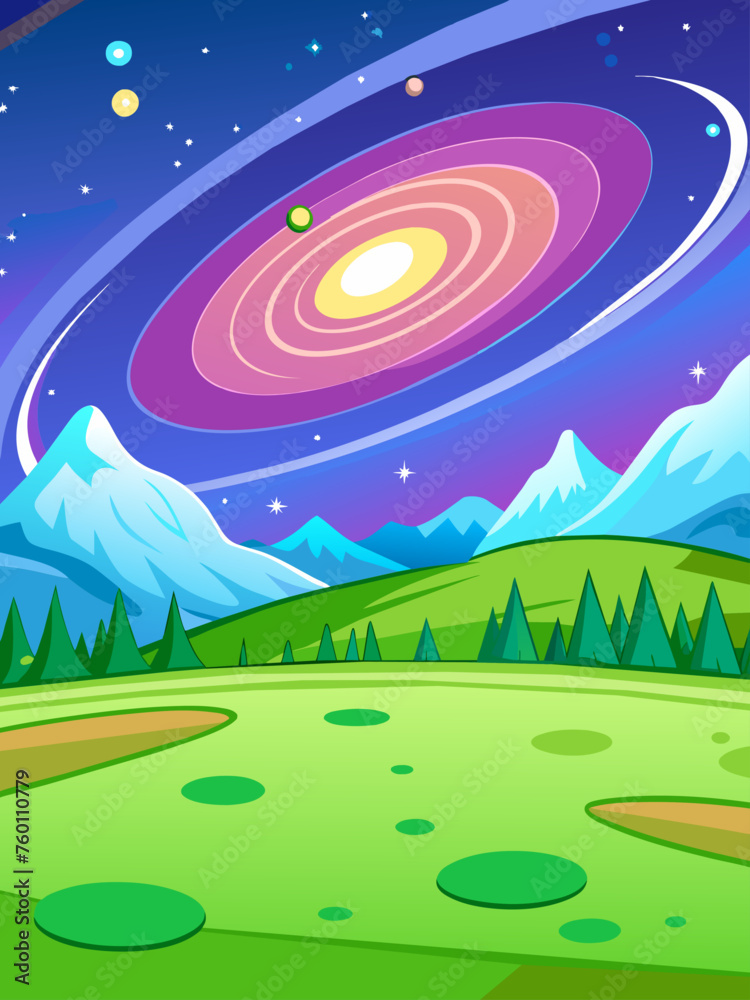 Serene vector landscape background with a tranquil galaxy above.