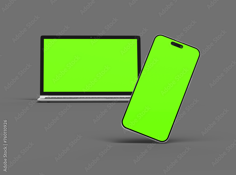 3D Render of laptop and phone with green screen on a dark background