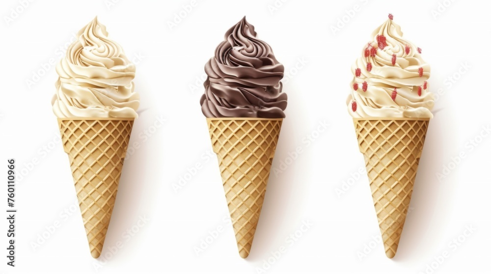 Luxurious twirled ice cream cones in chocolate, vanilla, and cream flavors with a clean backdrop