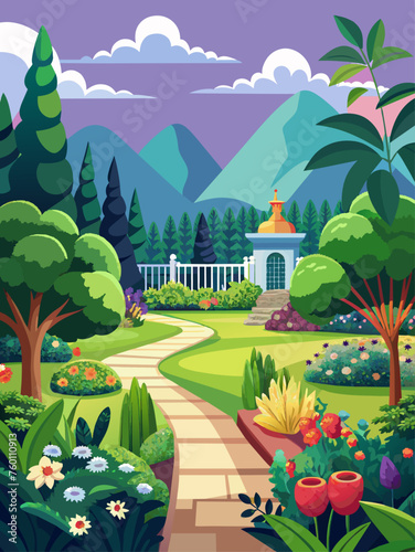 A verdant garden with blooming flowers and lush greenery creates a picturesque outdoor scene.