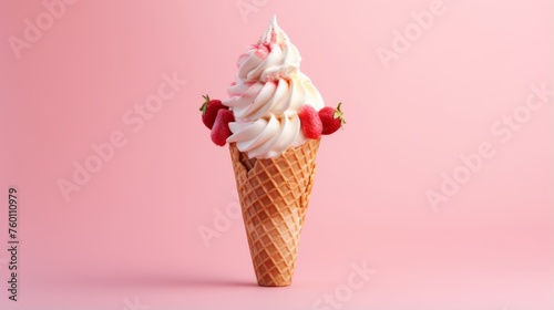 Exquisite soft-serve cream in a waffle cone topped with fresh strawberries on a delightful pink background