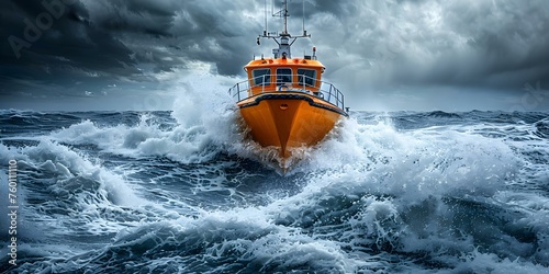 Dramatic ocean rescue scene with orangeschemed patrol boat in rough waters. Concept Rescue Scene, Ocean Drama, Patrol Boat, Rough Waters, Orange Scheme