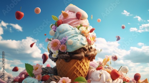 An enticing tower of multiple flavored ice cream scoops decorated with flowers and fruits