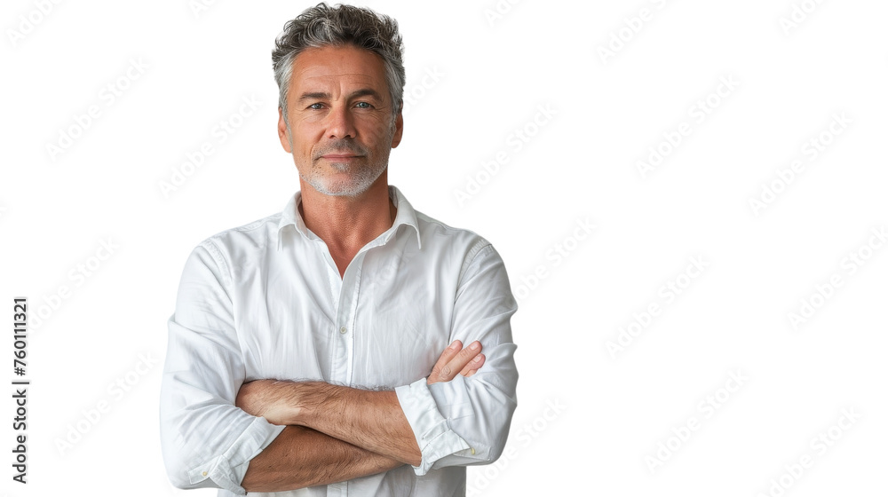 A man in a white shirt stands with arms crossed, deep in thought A man in a white shirt stands with arms crossed, deep in thought