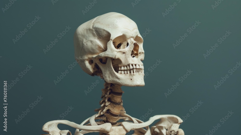 A detailed close-up of a human skeleton model showing skull, spine, and upper ribcage against a plain background A detailed close-up of a human skeleton model showing skull, spine, and upper ribcage against a plain background