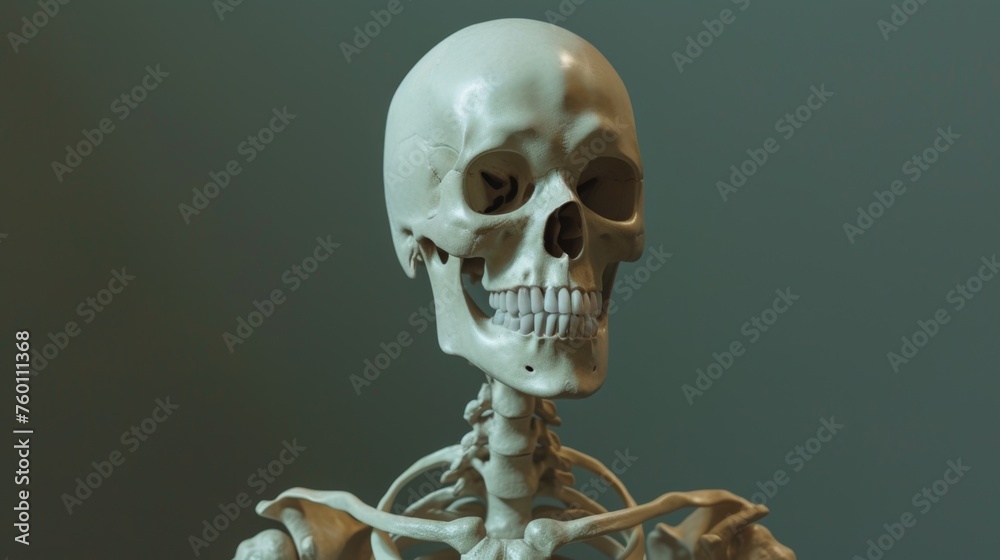 Rear view of a human skeleton model with a focus on the skull and spine in a calm greenish background Rear view of a human skeleton model with a focus on the skull and spine in a calm greenish background