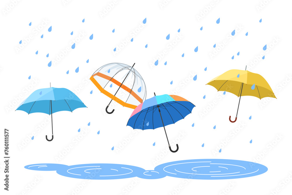 Open umbrellas protect from raindrops in autumn, summer or spring rain, rainy weather poster. Group of umbrellas with handles of different colors and waterproof fabric cartoon vector illustration