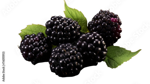 A vibrant collection of blackberries and leaves scattered across a pristine white background