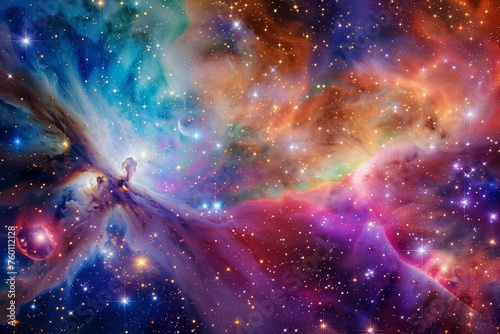 Celestial Dance of Lights: Ethereal Nebula and Star Clusters in Majestic Space Panorama. the universe with a colorful space galaxy cloud nebula, set against the backdrop of a starry night cosmos.