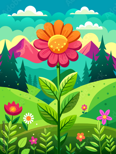 Picturesque flower vector landscape background with vibrant blooms and lush greenery creates a serene and idyllic outdoor scene.