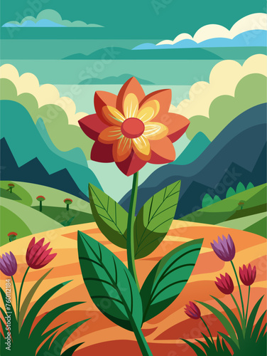 Flower vector landscape background with vibrant flora and lush greenery.