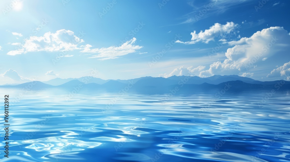 Blue abstract background. Water surface. Sky with clouds. Landscape with mountains
