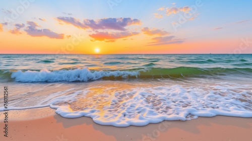 Serene Ocean Waves Hitting Sandy Shore at Sunset