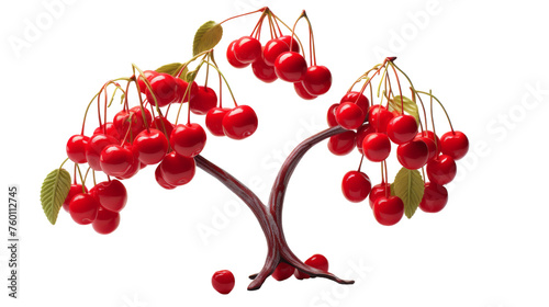 Ripe cherries bunched together on a branch, surrounded by lush green leaves