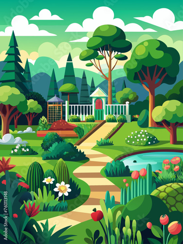 Tranquil garden oasis featuring lush trees  vibrant flowers  and a winding stone path  all depicted in a beautiful vector illustration.
