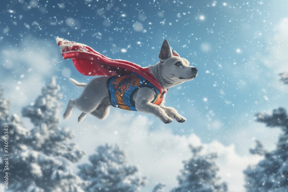 Superhero Canine Soaring through Winter Wonderland, Right-Sided for Text Addition - heroic adventure, this scene features a dog in full superhero regalia, deftly navigating the snowy skies.