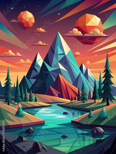 Geometric shapes create a striking landscape with sharp angles and vibrant colors.