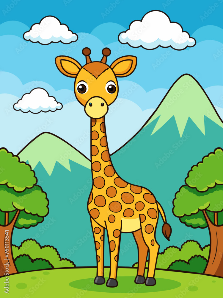 Fototapeta premium The giraffe gracefully stands tall against a breathtaking landscape backdrop, its slender form reaching towards the vast expanse of the sky.