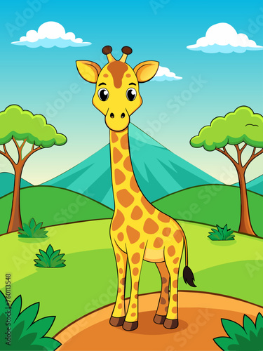 A giraffe stands tall in the foreground of a vast and serene landscape.